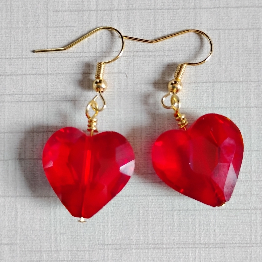 Red Crystal Heart Earrings Glass Beads Nickle Free 18k Gold Plated Handmade
